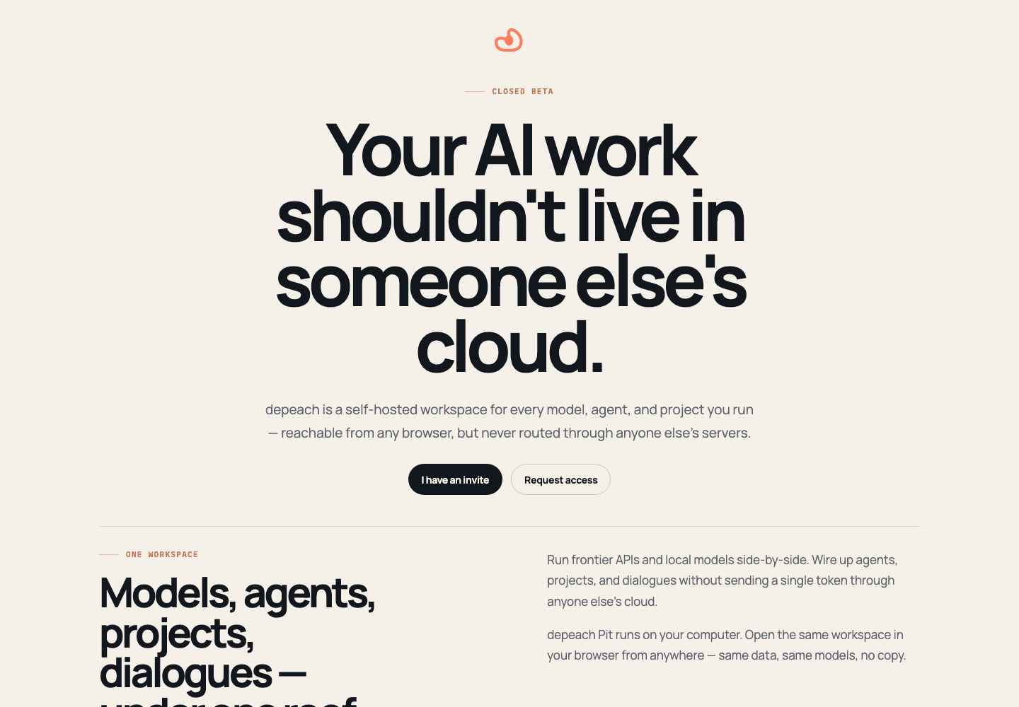 Depeach landing page describing self-hosted AI work that should not live in someone else's cloud.