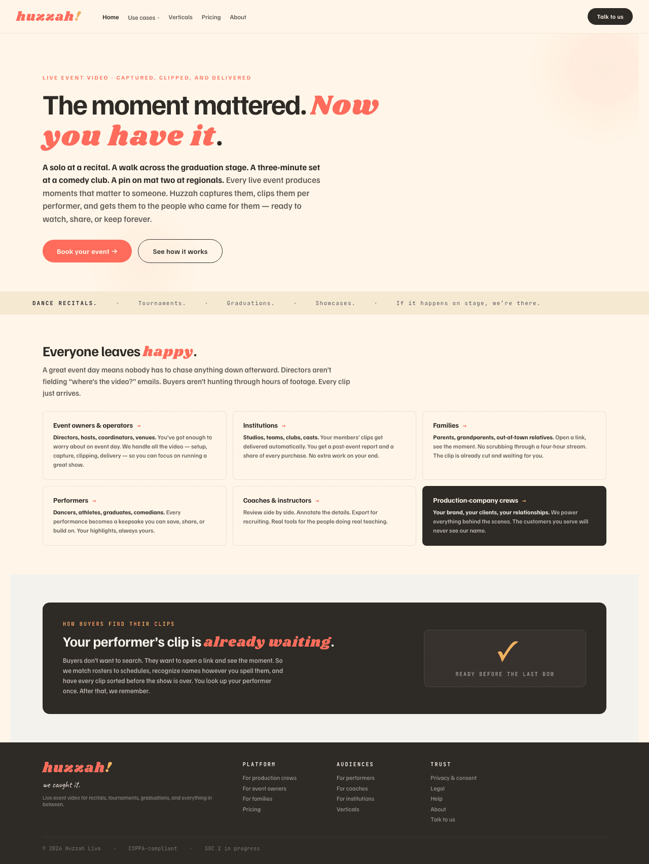 huzzah.live landing page promising live event video that is captured, clipped, and delivered.