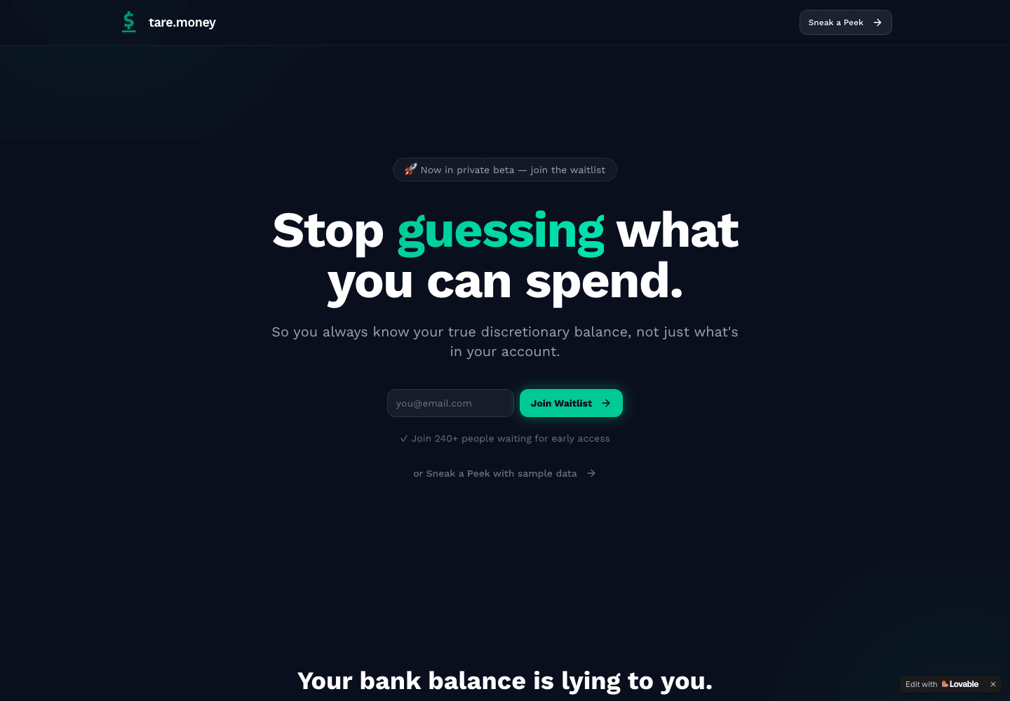 tare.money landing page showing the stop guessing what you can spend positioning.