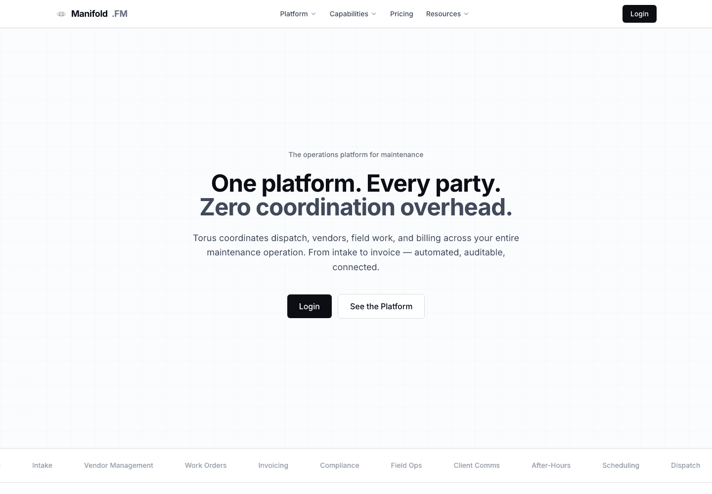 Manifold.FM landing page positioning Torus as an operations platform for maintenance coordination.